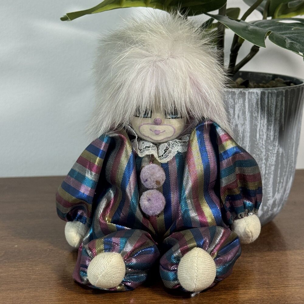 Q-Tee Clown Doll Plush Metallic Striped Outfit White Fur Hair with Tags